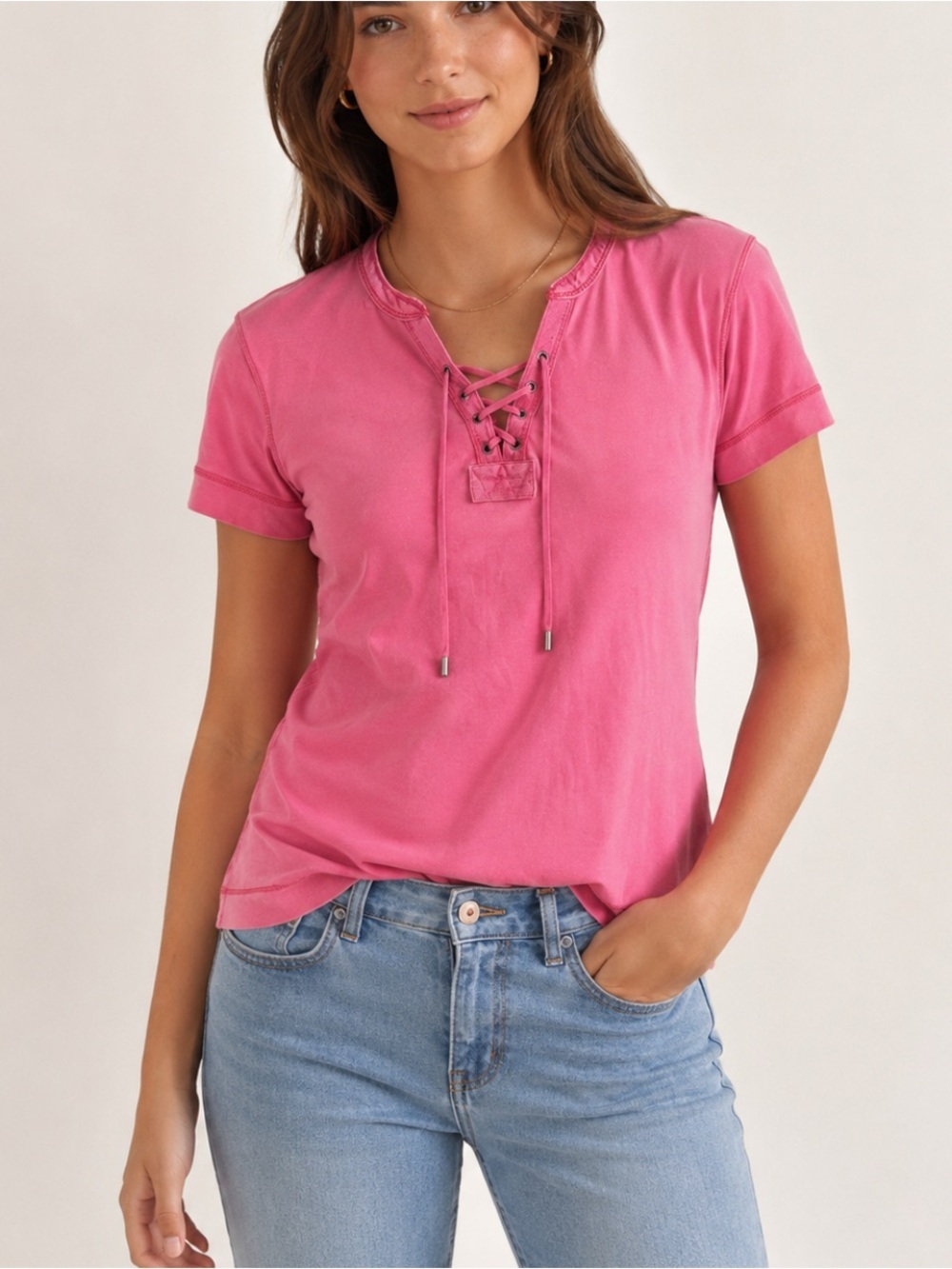 Vintage Lauren Ralph Lauren Coral Lace Up V-Neck Coral Cotton Y2K Tee Shirt